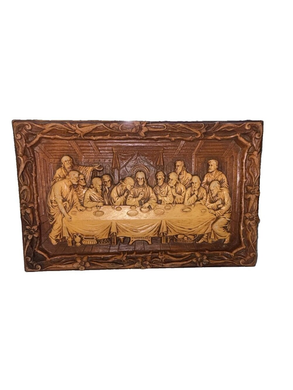 Vintage Last Supper 3D Faux Wood Wall Plaque Religious Burwood Type Mold 1970s
